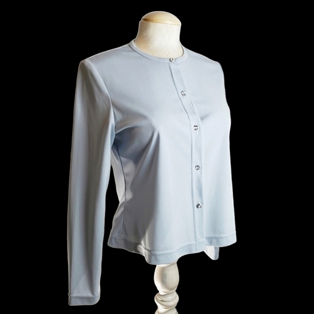 Vinatge JS Collections Rhinestone Button Down Blouse Powder Blue Size 10